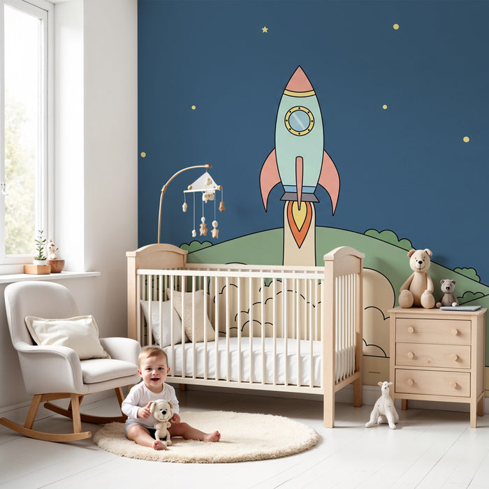 Papel de parede criança | Foguete colorido e céu estrelado