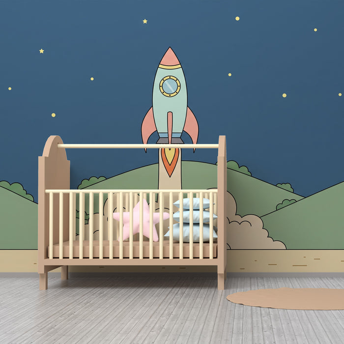 Kids room wallpaper | Colorful rocket and starry sky