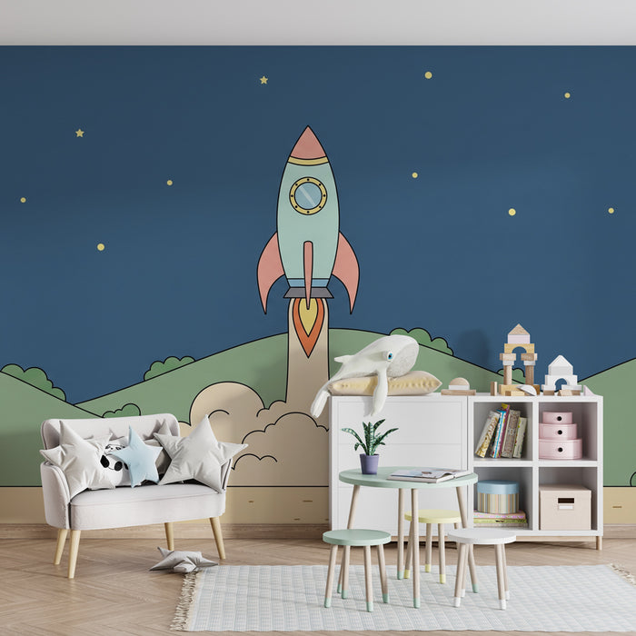 Kids room wallpaper | Colorful rocket and starry sky