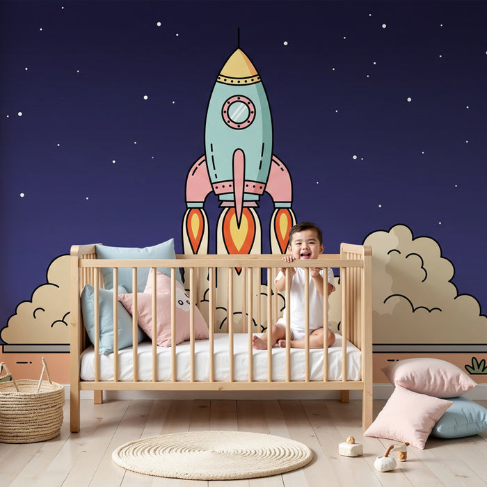 Kids room wallpaper | Colorful rocket and starry space