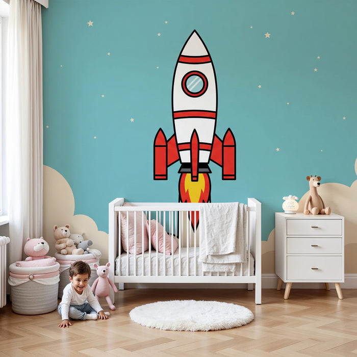 Kids room wallpaper | Rocket in the clouds with beige smoke