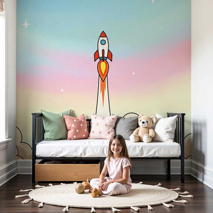 Papier peint chambre enfant | Fusée dans les nuages pastel