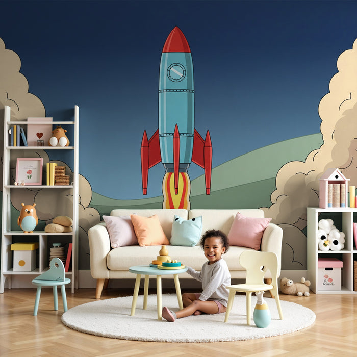 Kids room wallpaper | Decorative rocket in full takeoff