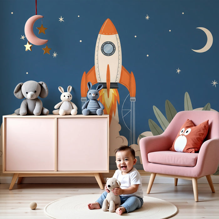 Kids room wallpaper | Rocket launching into space under a starry sky