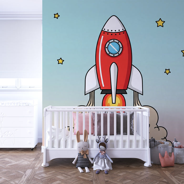 Papier peint chambre enfant | Fusée spatiale et étoiles