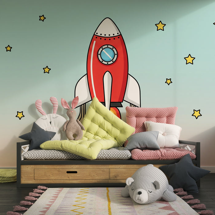 Papier peint chambre enfant | Fusée spatiale et étoiles