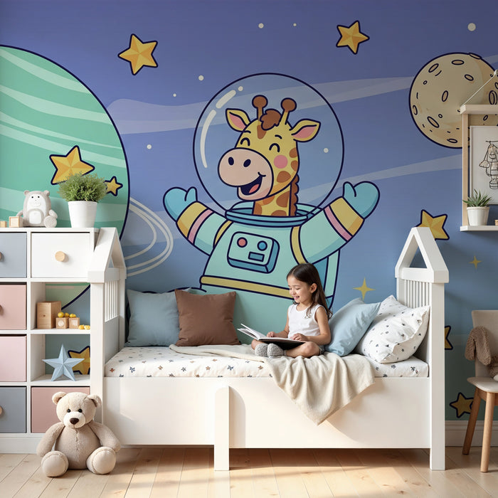 Papier peint chambre enfant | Girafe astronaute et cosmos