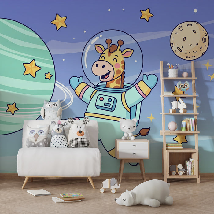 Papel pintado infantil | Jirafa astronauta y cosmos