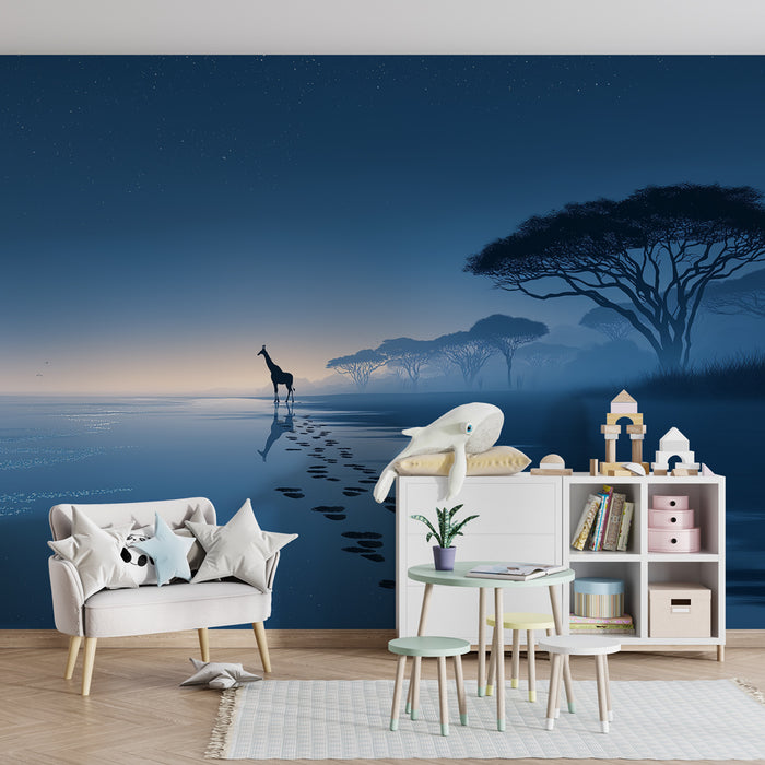 Papier peint chambre enfant | Girafe au bord de l'eau dans la nuit étoilée