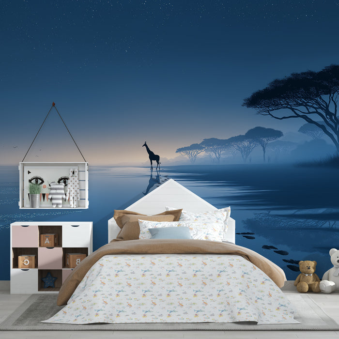 Papier peint chambre enfant | Girafe au bord de l'eau dans la nuit étoilée