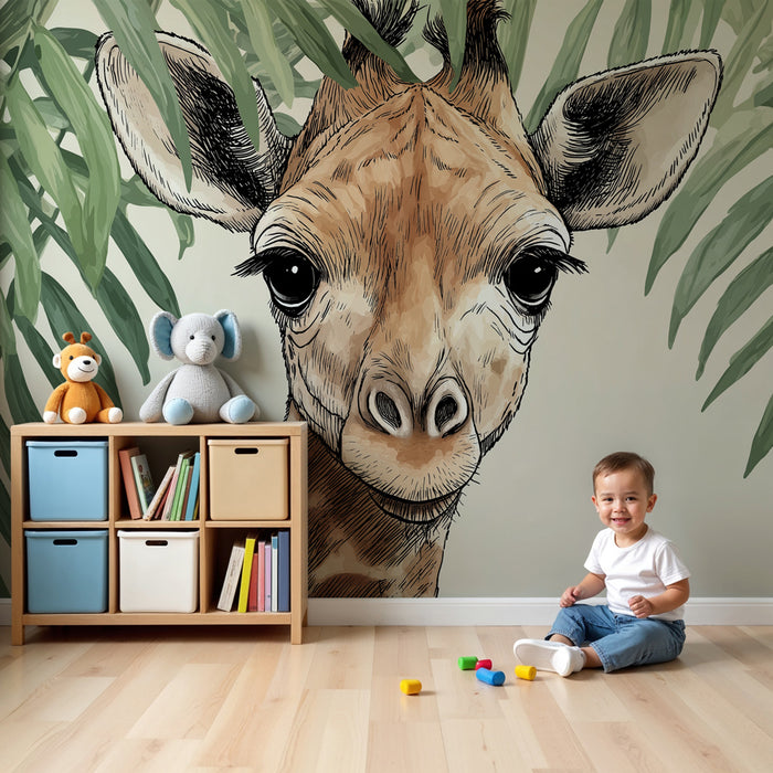 Papel pintado infantil | Jirafa en medio de las hojas