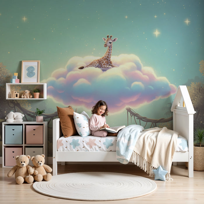 Papel pintado infantil | Jirafa feliz en una nube