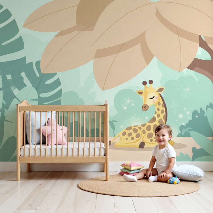 Papier peint chambre enfant | Girafe calme sous le feuillage