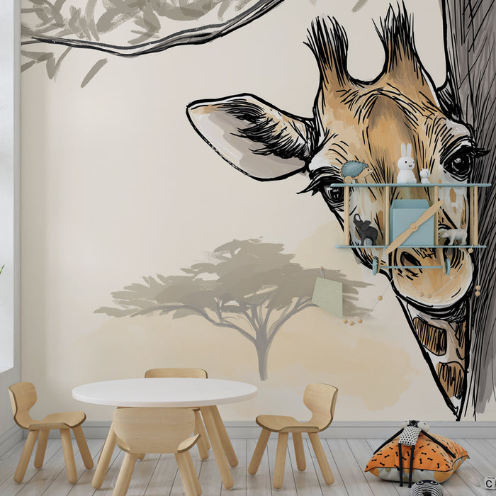 Papel de parede criança | Curioso girafa em uma paisagem africana