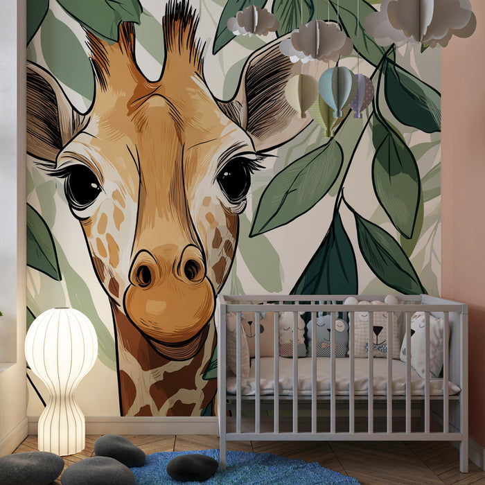 Papel de parede criança | Girafa curiosa e vegetação luxuriante
