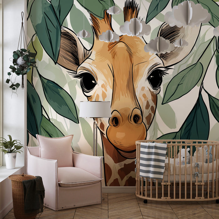Papel de parede criança | Girafa curiosa e vegetação luxuriante