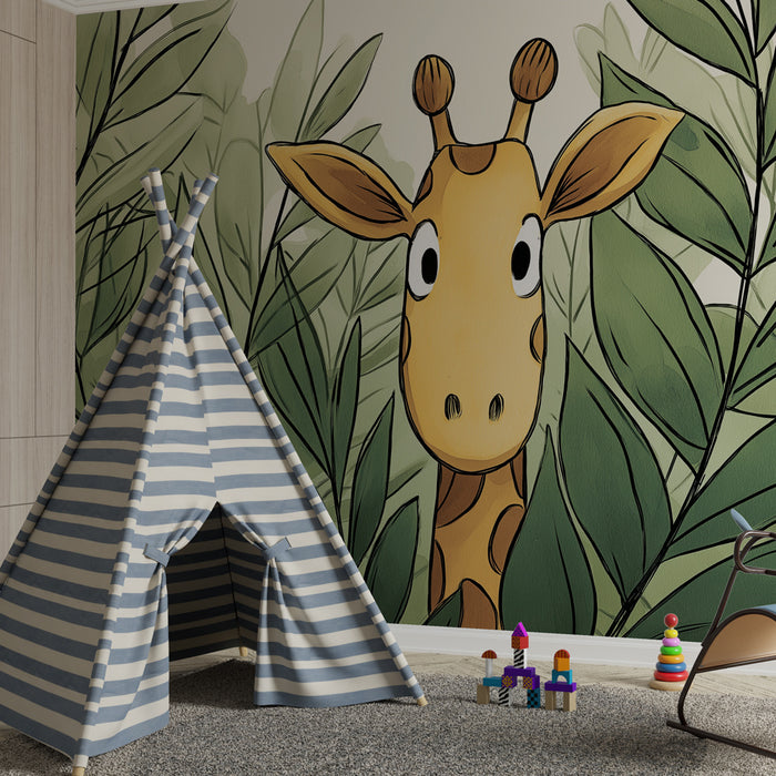 Papel de parede criança | Girafa curiosa entre as folhagens