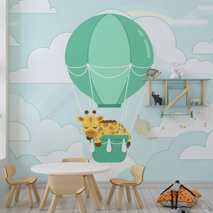 Papel de parede criança | Girafa em um balão de ar quente