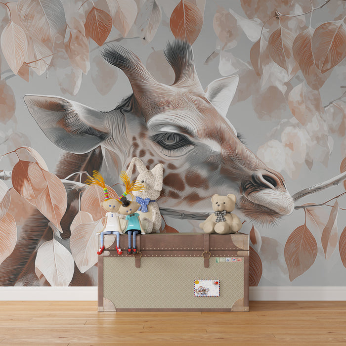 Tapet barnerom | Elegant giraff midt blant bladene