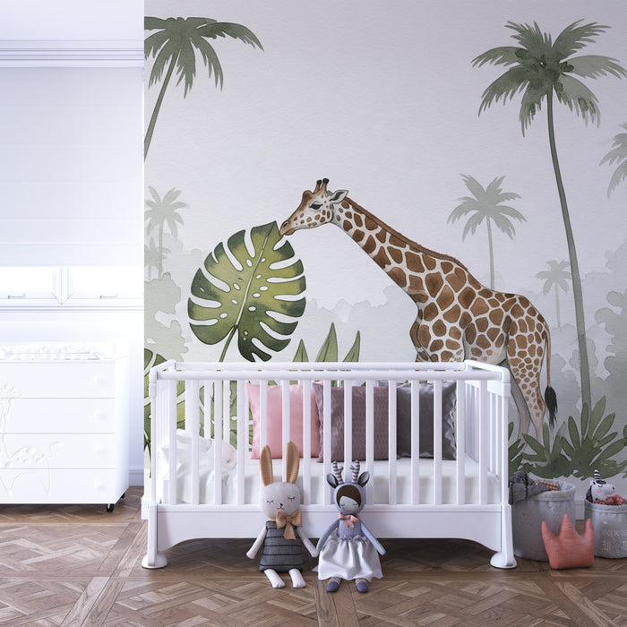 Kinderkamer behang | Elegante giraffe en weelderige jungle