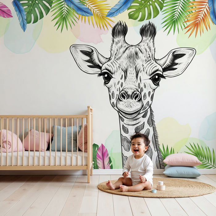 Carta da parati bambini | Giraffa e foglie esotiche