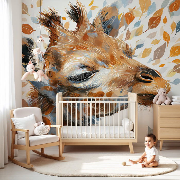 Papier peint chambre enfant | Girafe et feuilles colorées