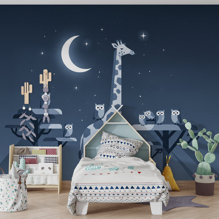 Papier peint chambre enfant | Girafe et hiboux sous la lune