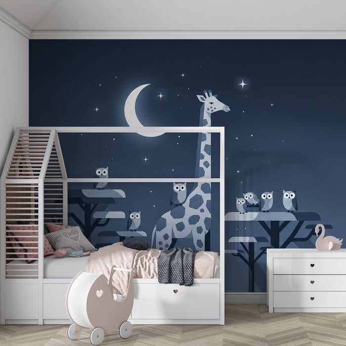 Papier peint chambre enfant | Girafe et hiboux sous la lune