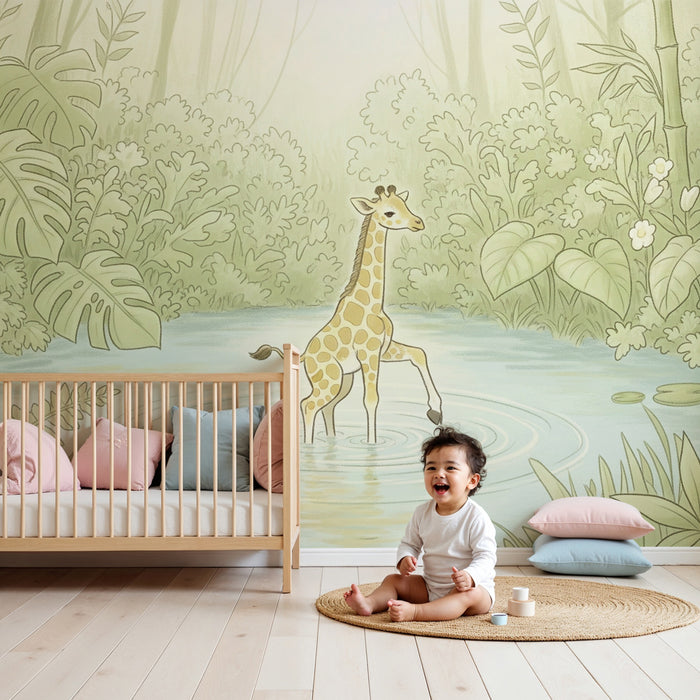 Papier peint chambre enfant | Girafe et jardin tropical