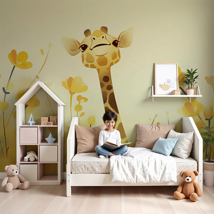 Papel de parede criança | Feliz girafa em um campo de flores