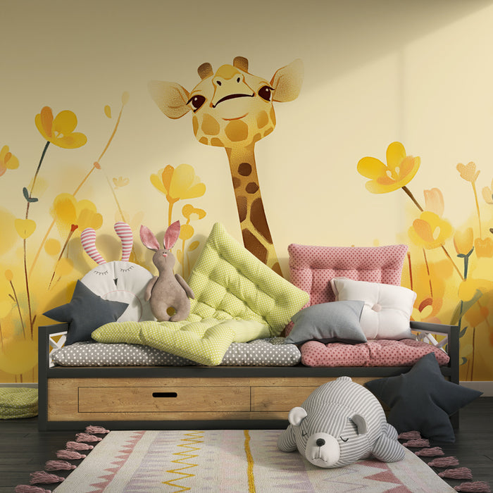 Kinderzimmer Tapete | Fröhliche Giraffe auf einer Blumenwiese