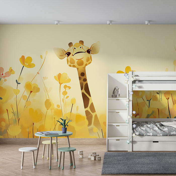 Kinderzimmer Tapete | Fröhliche Giraffe auf einer Blumenwiese