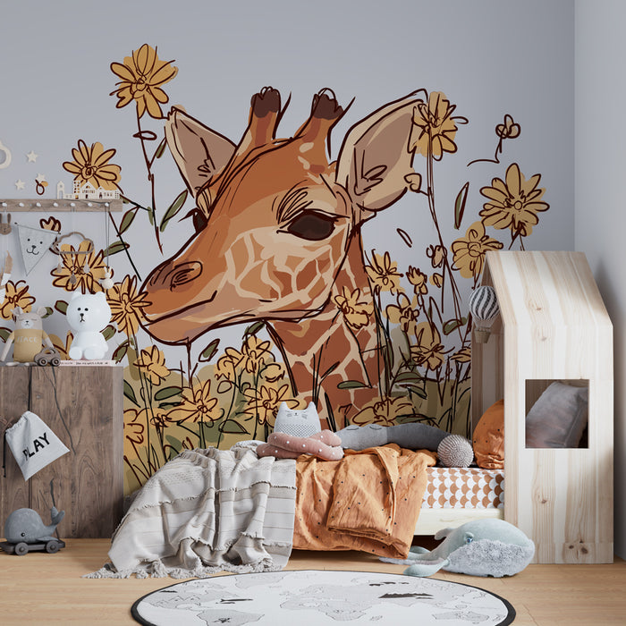 Kinderzimmer Tapete | Giraffe unter goldenen Blumen