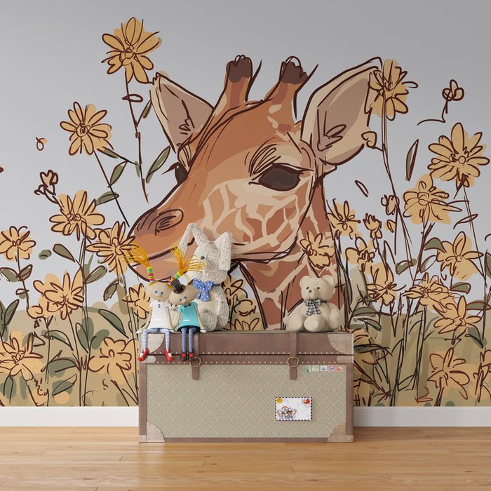 Kinderzimmer Tapete | Giraffe unter goldenen Blumen