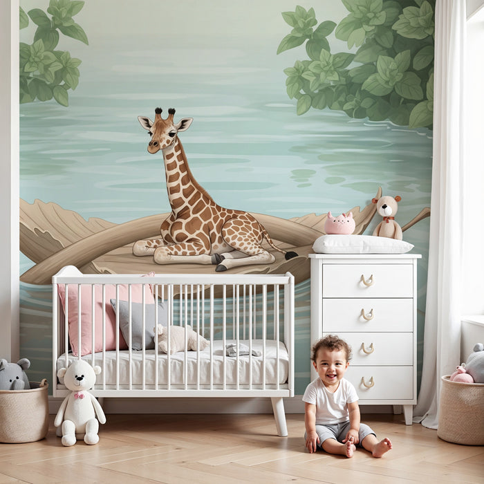 Papel pintado infantil | Jirafa en una roca flotante
