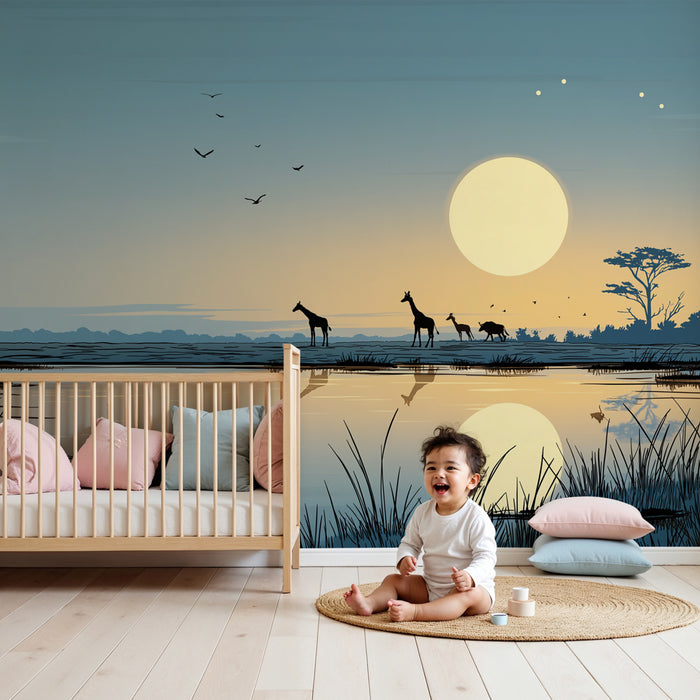 Kinderkamer behang | Giraffen bij zonsondergang op de savanne