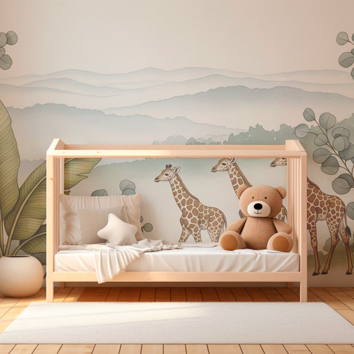 Papel de parede criança | Elegantes girafas em uma paisagem tranquila