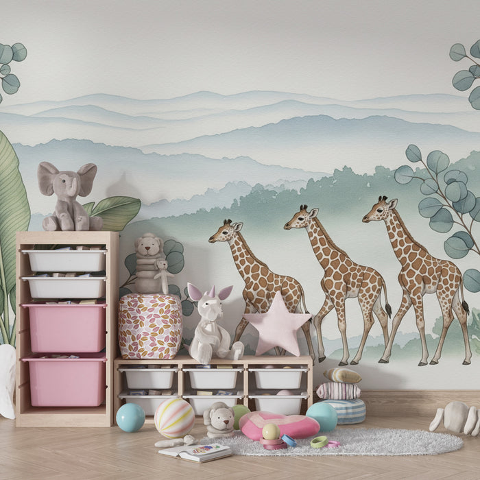 Papel de parede criança | Elegantes girafas em uma paisagem tranquila