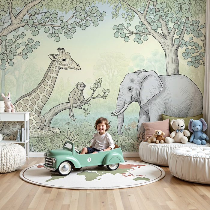 Papier peint chambre enfant | Girafes, éléphants et singes dans la jungle