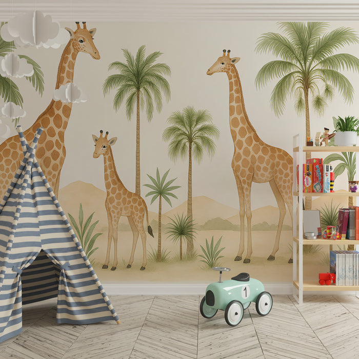 Papel pintado infantil | Jirafas majestuosas y palmeras tropicales