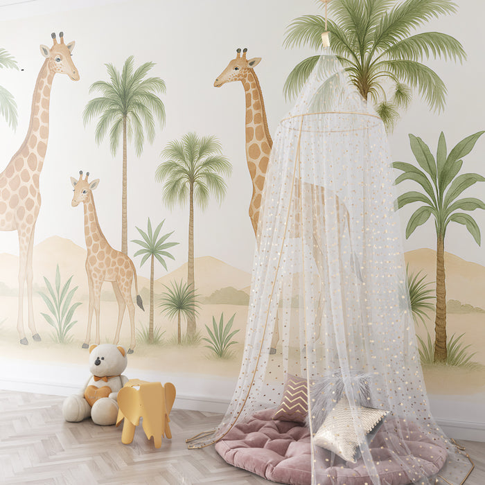 Papel pintado infantil | Jirafas majestuosas y palmeras tropicales
