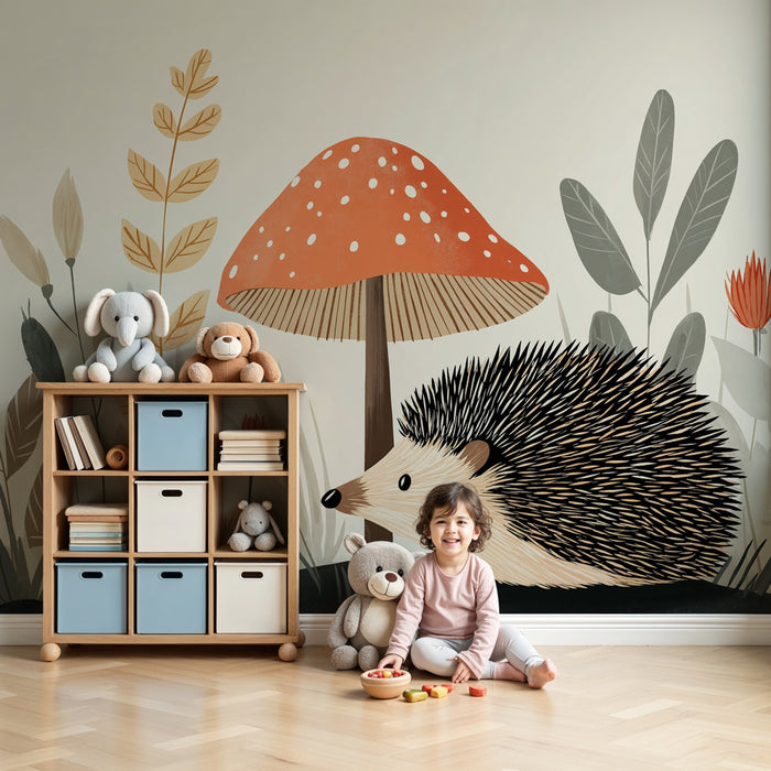 Papel pintado infantil | Erizo y seta en el bosque