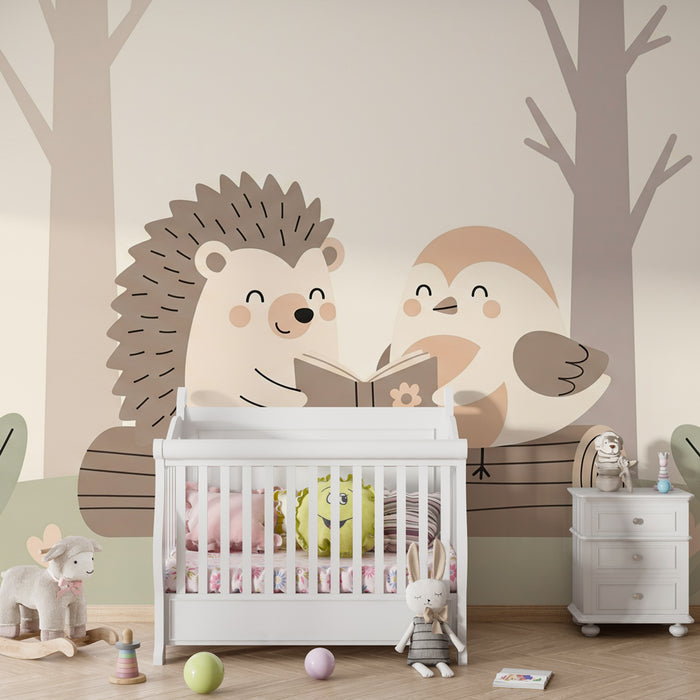 Kinderzimmer Tapete | Igel und Vogel Leser im Wald