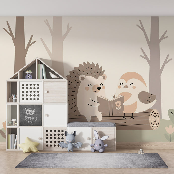 Kinderzimmer Tapete | Igel und Vogel Leser im Wald