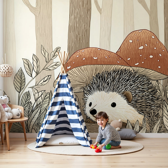 Papier peint chambre enfant | Hérisson sous les champignons