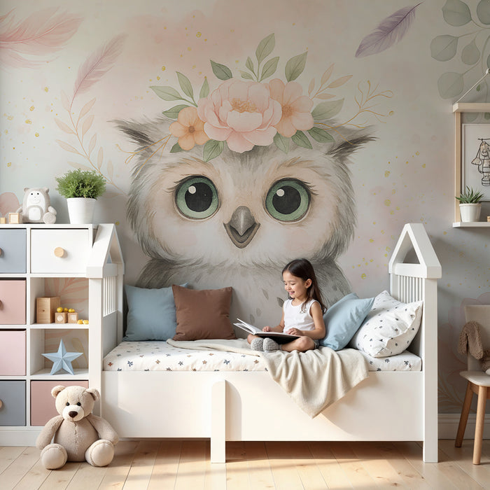 Papier peint chambre enfant | Hibou adorable avec fleurs