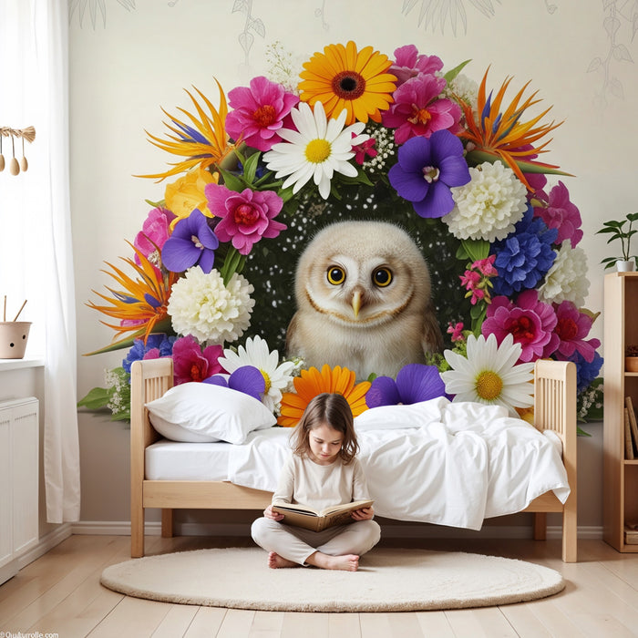 Kinderzimmer Tapete | Niedliche Eule umgeben von bunten Blumen
