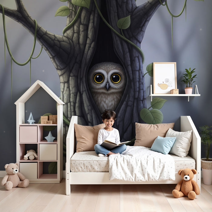 Kids room wallpaper | Curious owl and enchanted forest