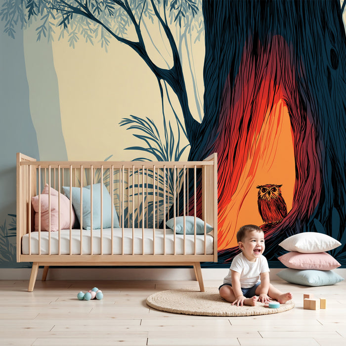 Kids room wallpaper | Owl in the magical forest