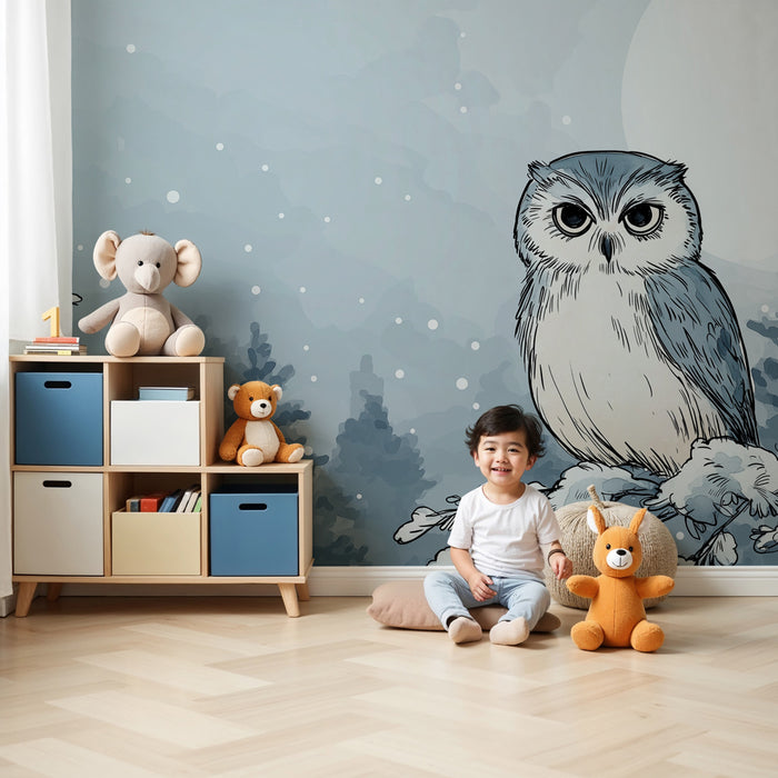 Kinderzimmer Tapete | Eule in einer winterlichen Landschaft